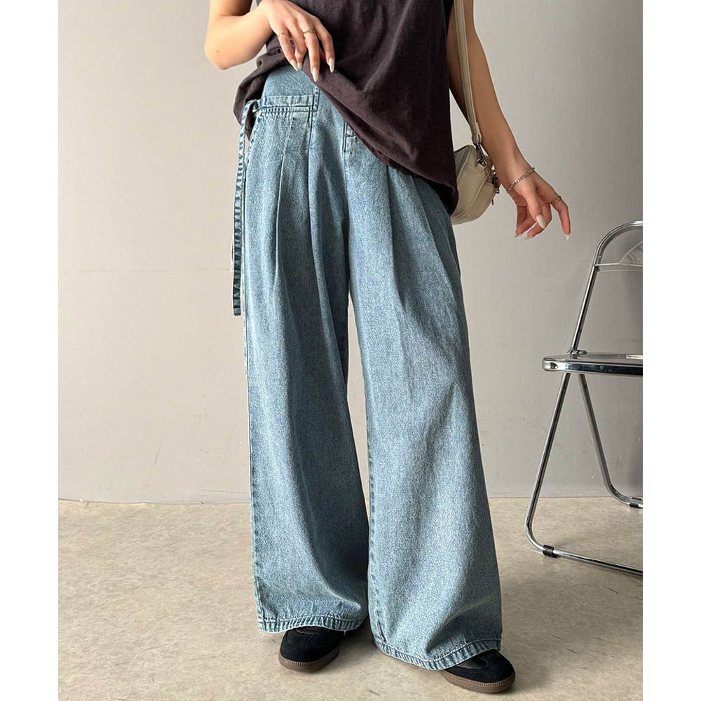 側蝴蝶結純棉丹寧摺線寬褲-(環保材質)-淺藍