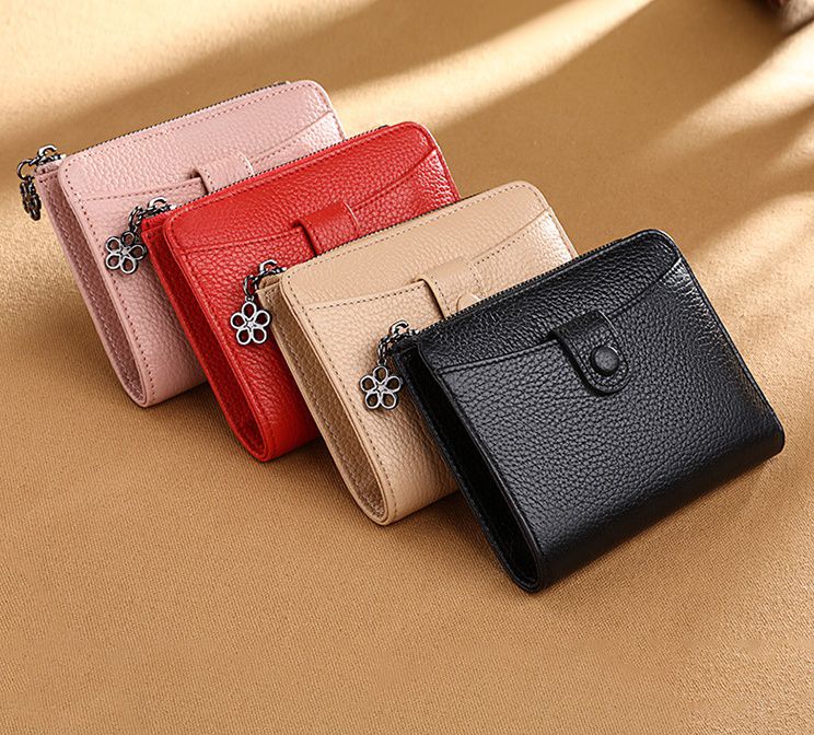 真皮簡約質感拉鏈短夾-紅色 (12x1x10cm)