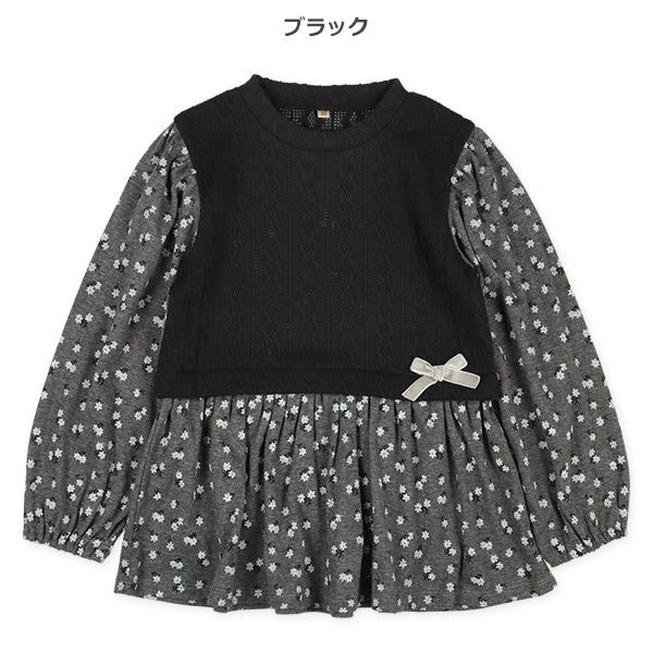 日本西松屋 - 異材質拼接假兩件長袖上衣-小碎花-卡其