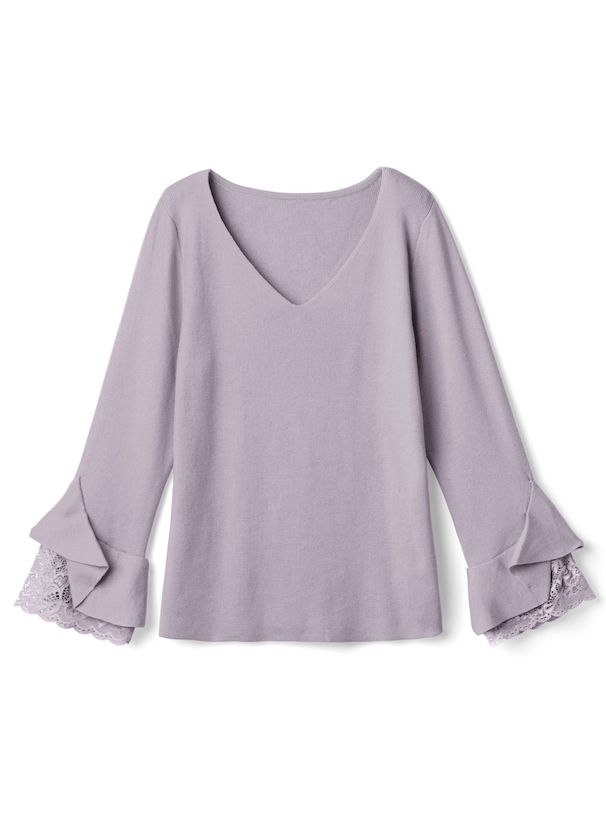 日本 GRL - 氣質V領蕾絲花朵袖針織上衣-天使白