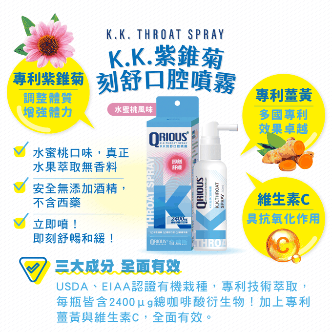 QRIOUS®奇瑞斯 - 紫錐菊KK刻舒口腔噴霧-水蜜桃口味-30ml