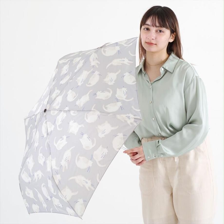 日本 nifty colors - 抗UV輕量 晴雨兩用折疊傘-迷你貓貓-淺灰 (直徑98cm/194g)