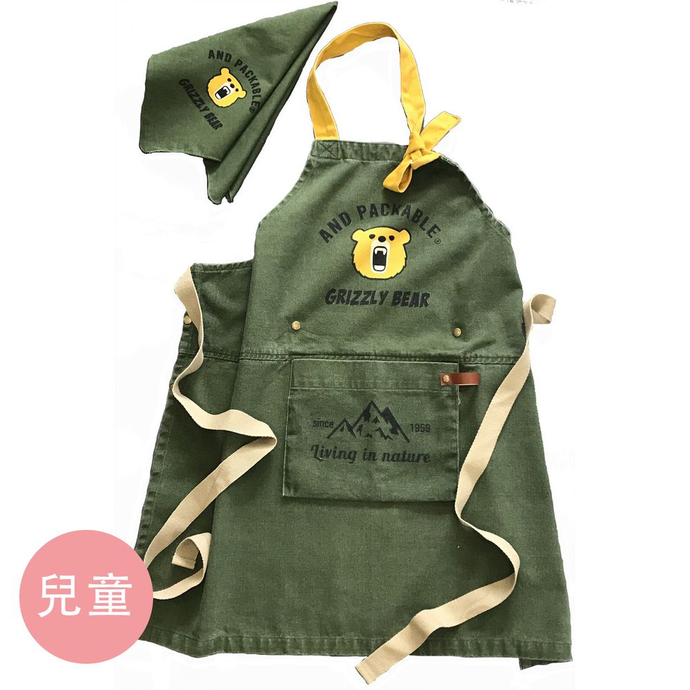 日本代購 - 印度棉質感兒童料理圍裙(可調尺寸/收納)+頭巾兩件組-小熊-墨綠 (100-160cm)