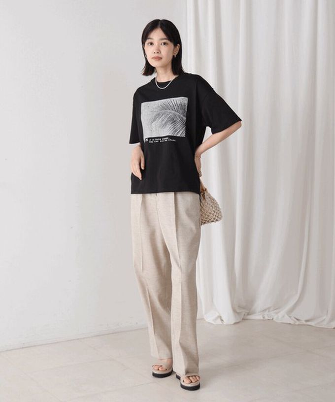 日本 Bab - 100%棉 清新夏日樹葉印花T恤-黑