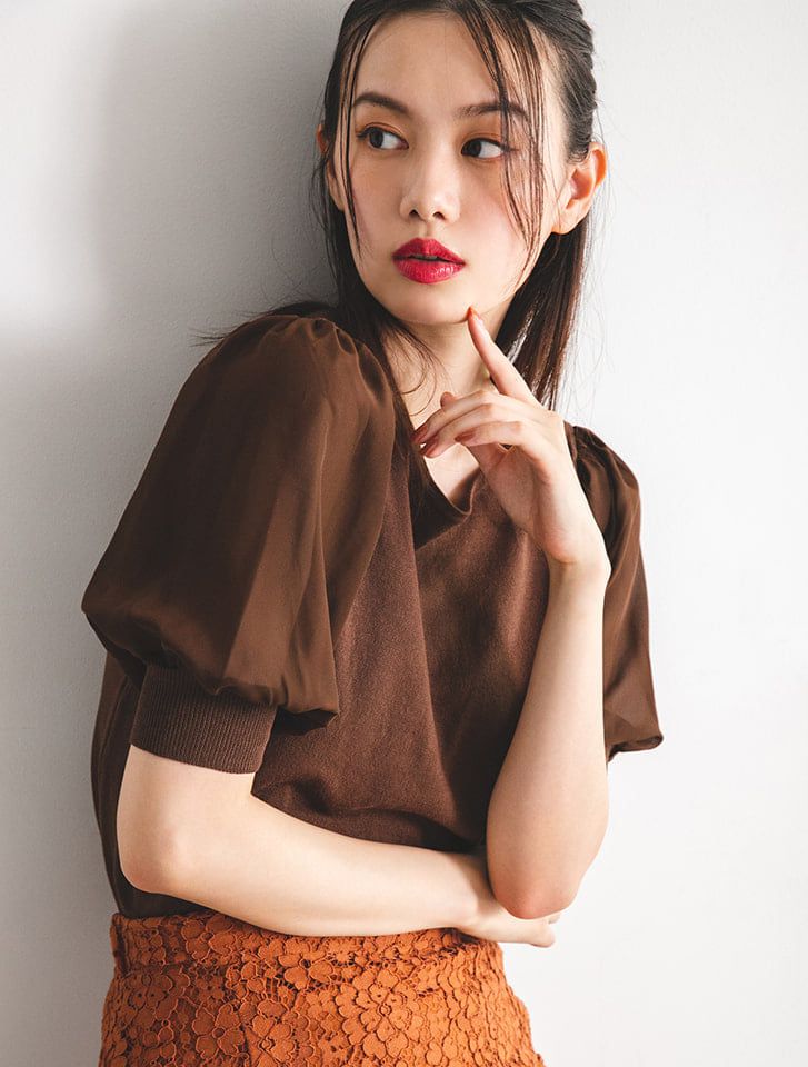 日本 fifth - 異材質拼接澎袖圓領五分袖上衣-咖啡