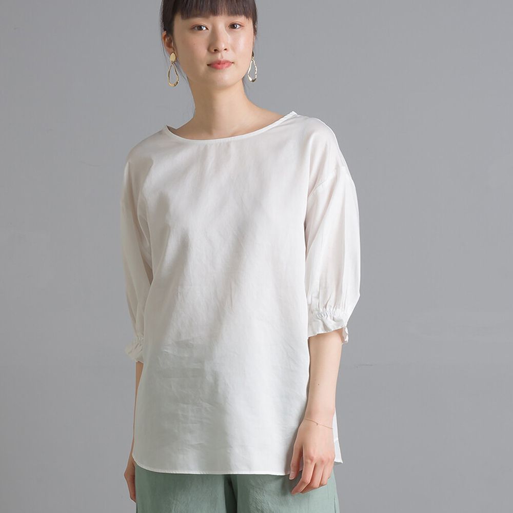 日本 OMNES - 高品質棉緞寬領澎澎短袖上衣-白 (Free size)
