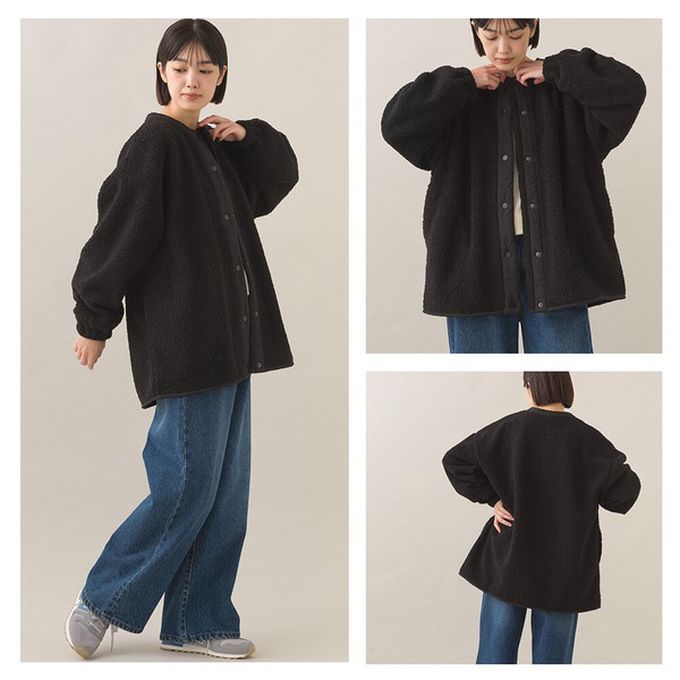 日本 OMNES - 溫柔短毛絨鈕扣無領保暖外套-黑
