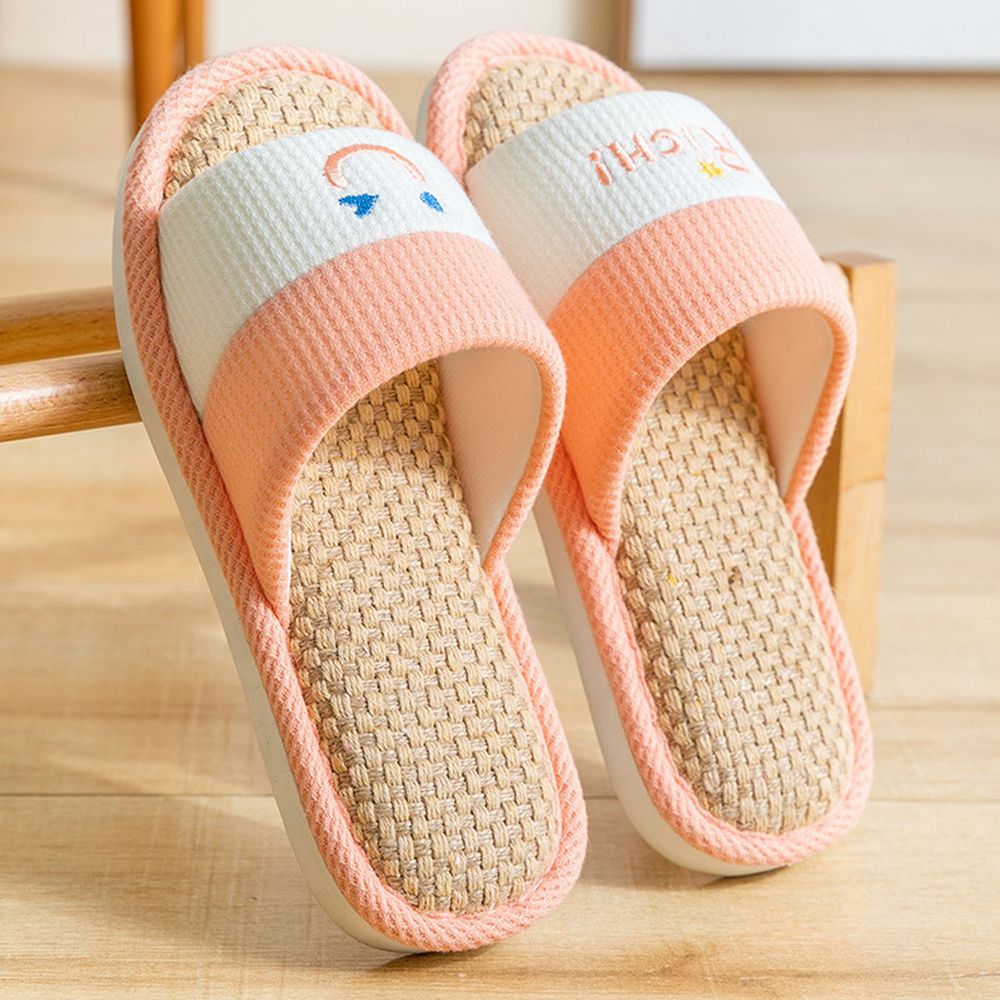 亞麻室內拖鞋-眨眼睛款-粉紅色