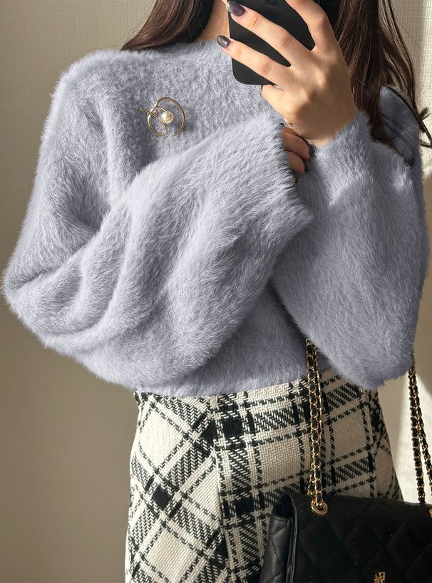 日本 GRL - 浪漫感毛海針織上衣(附珍珠胸針)-藍 (F)