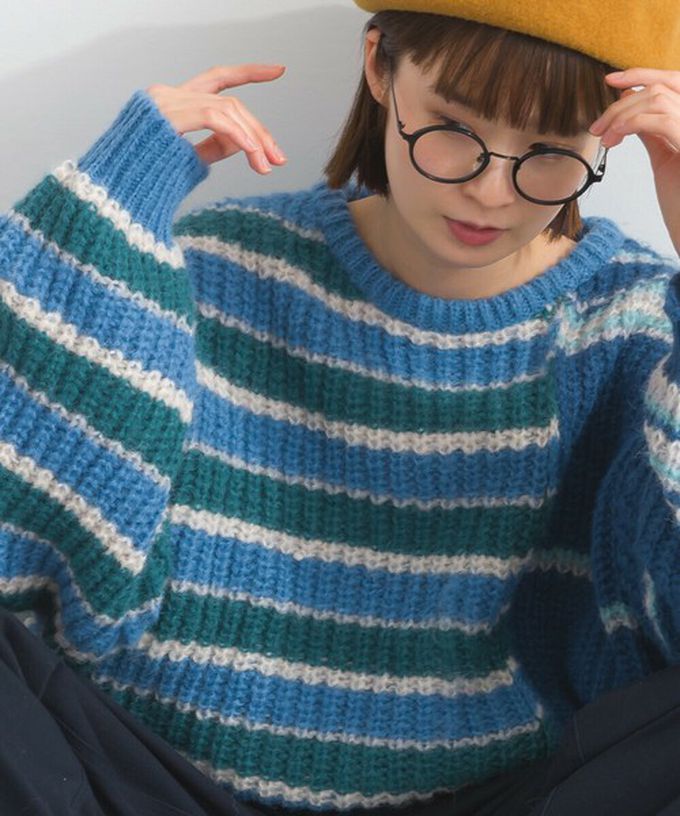 日本 Lupilien - 交錯明亮撞色條紋粗編毛衣-綠x灰系