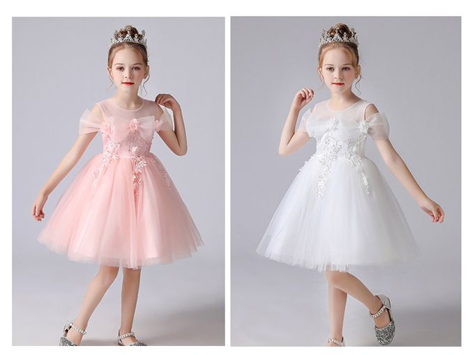 蝴蝶落肩袖網紗花朵小禮服-白色