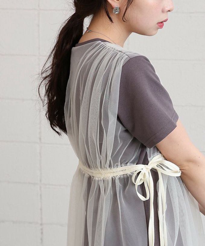 日本 Bab - 層次設計感薄紗拼接短袖洋裝-象牙