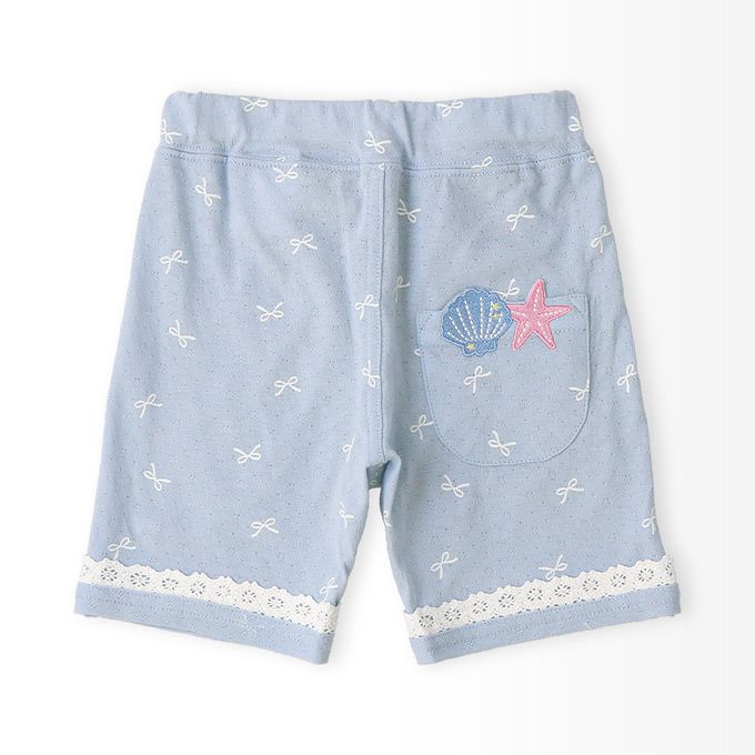 日本 ZOOLAND - 滿版蝴蝶結蕾絲滾邊短褲-貝殼口袋-淺藍