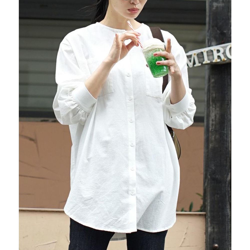 日本 zootie - 純棉凹凸紋質地圓領輕薄長版長袖襯衫-白