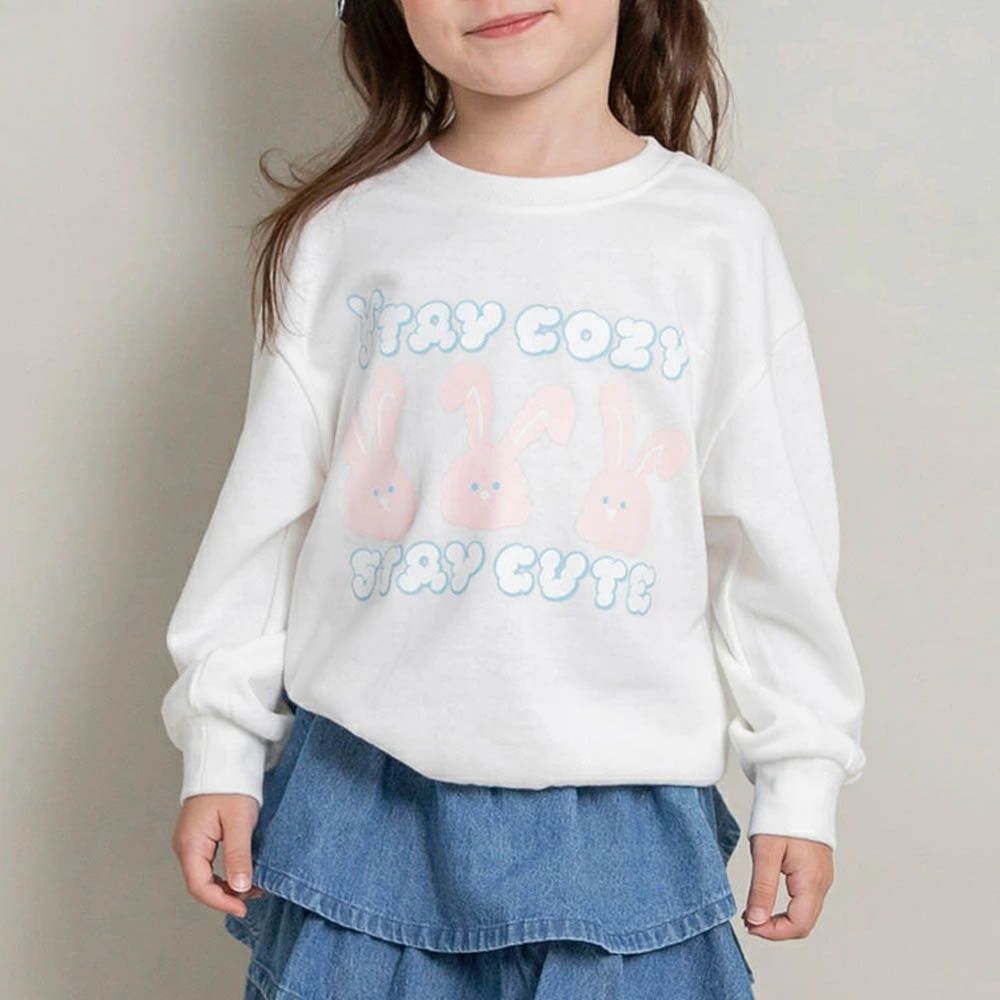 可愛女孩印花縮口長袖上衣-兔兔-白