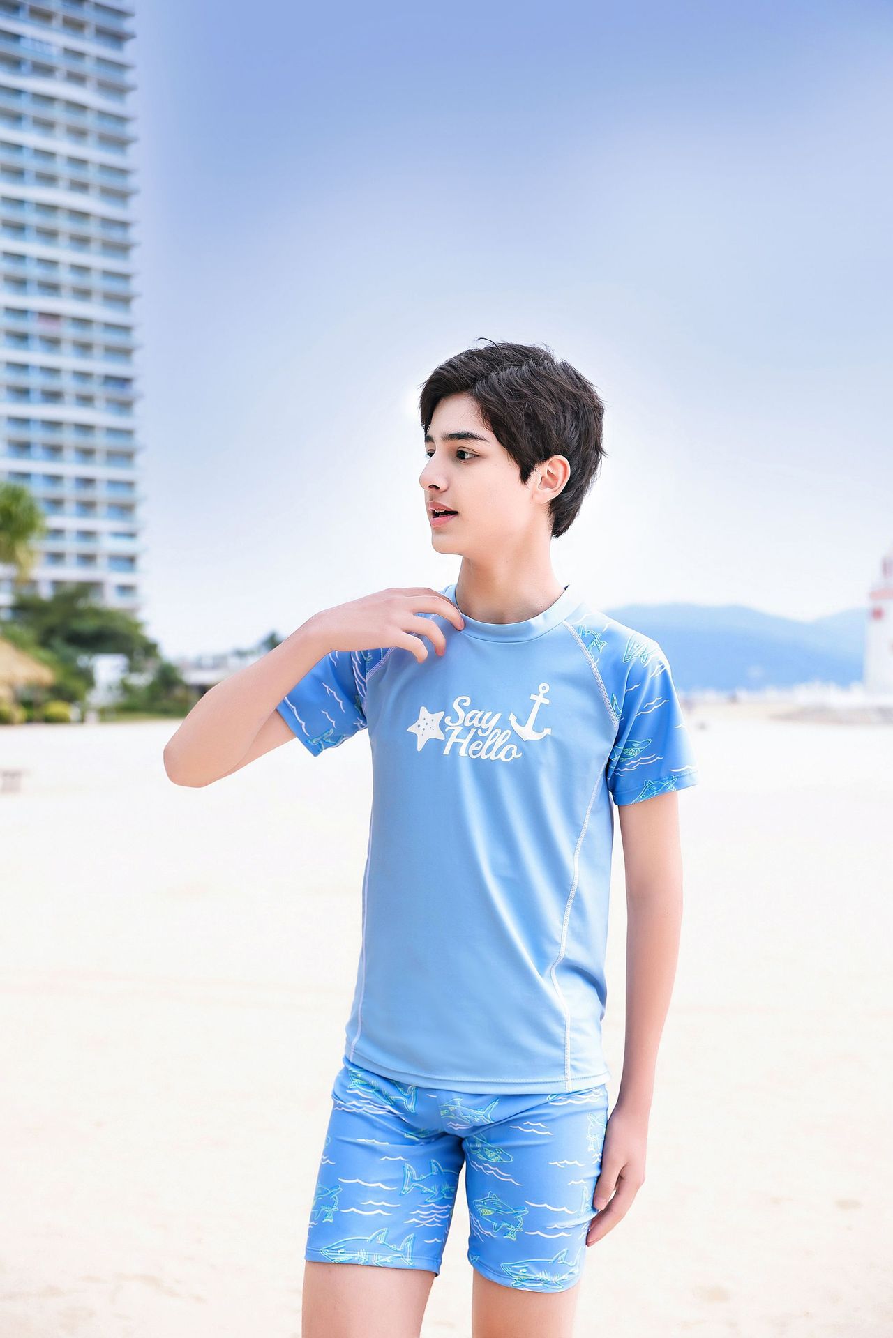 大童男孩短袖泳衣套裝(二件組)-星星船錨-淺藍色-泳衣、泳褲