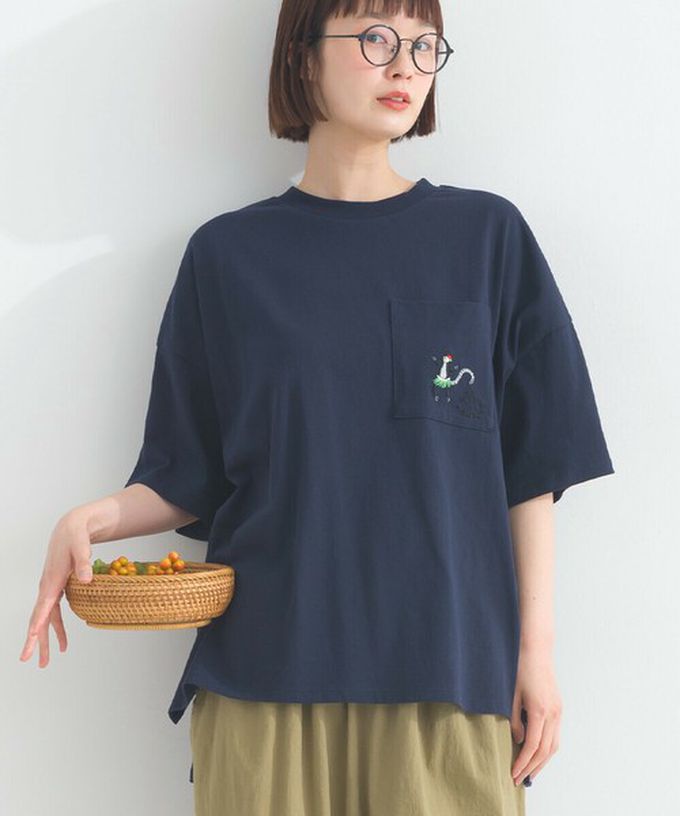 日本 Lupilien - 16支天竺棉俏皮動物刺繡寬大口袋T恤-咖啡