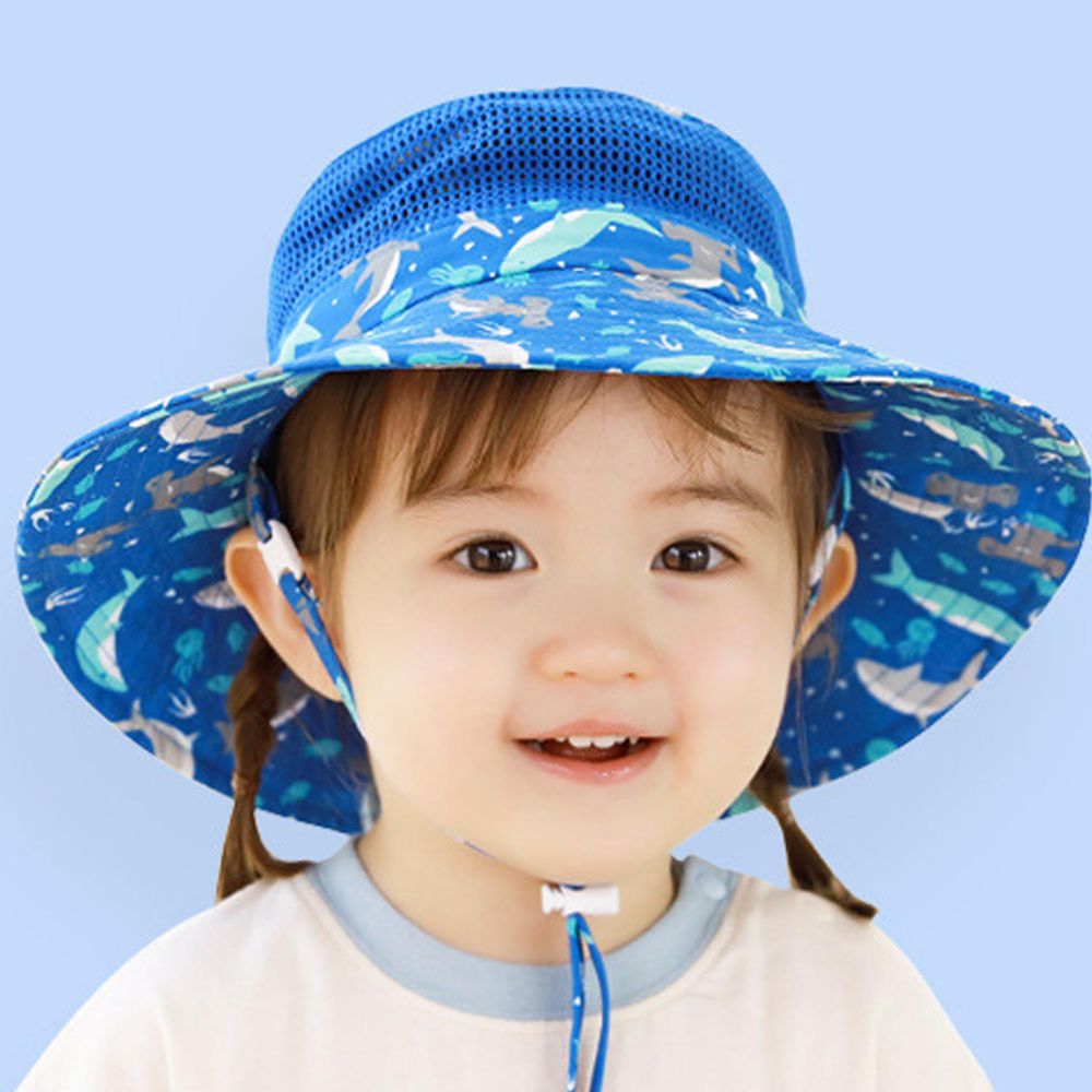 可調節兒童大帽簷防曬遮陽帽-鯊魚軍團-深藍色