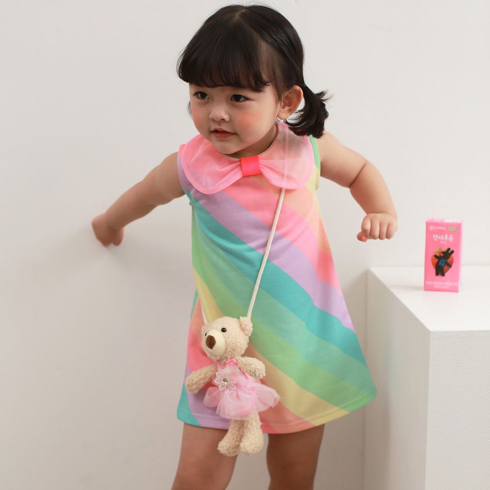韓國 Coco Rabbit - 熊熊娃娃彩虹蝴蝶結洋裝-斜條紋