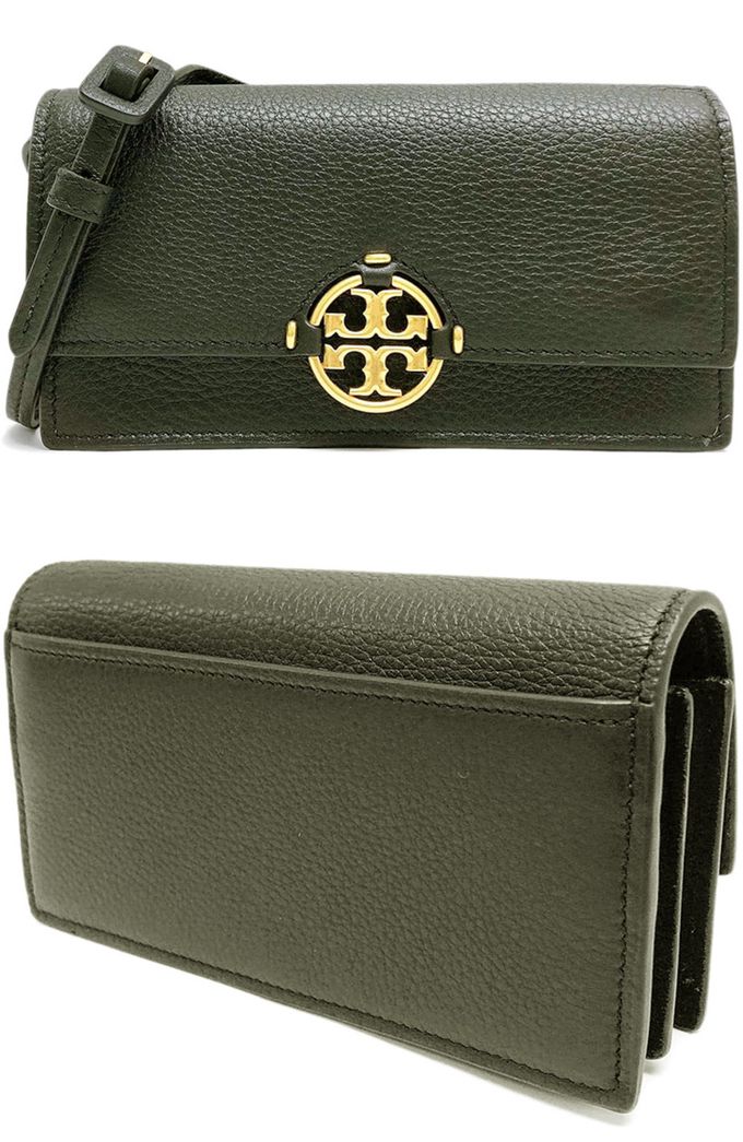 TORY BURCH - 素面皮革翻蓋斜背包 (棕櫊葉綠色)