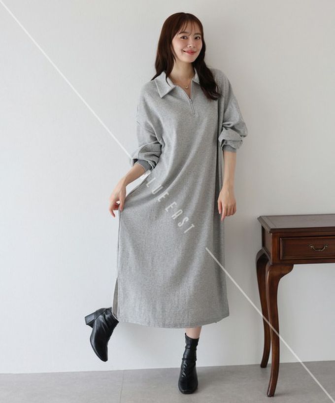 日本 BLUE EAST - 半拉鏈時尚休閒長袖洋裝-淺灰