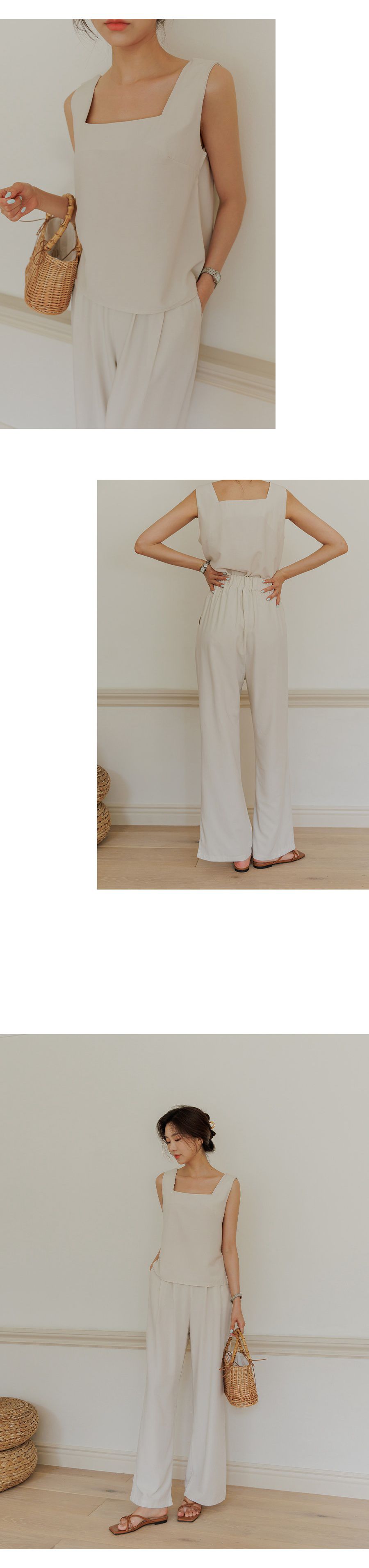 韓國 Urbantheroom - (兩件式)純色方領背心套裝-奶油杏 (Free)