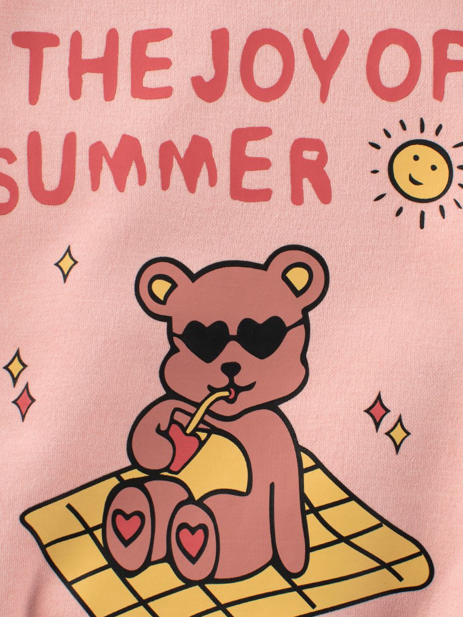 加絨圓領長袖上衣/大學T-夏日熊熊-粉色