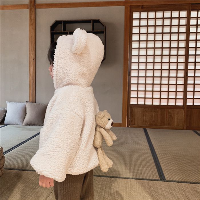 加厚連帽羊羔絨兒童造型外套-熊熊耳朵-米白色