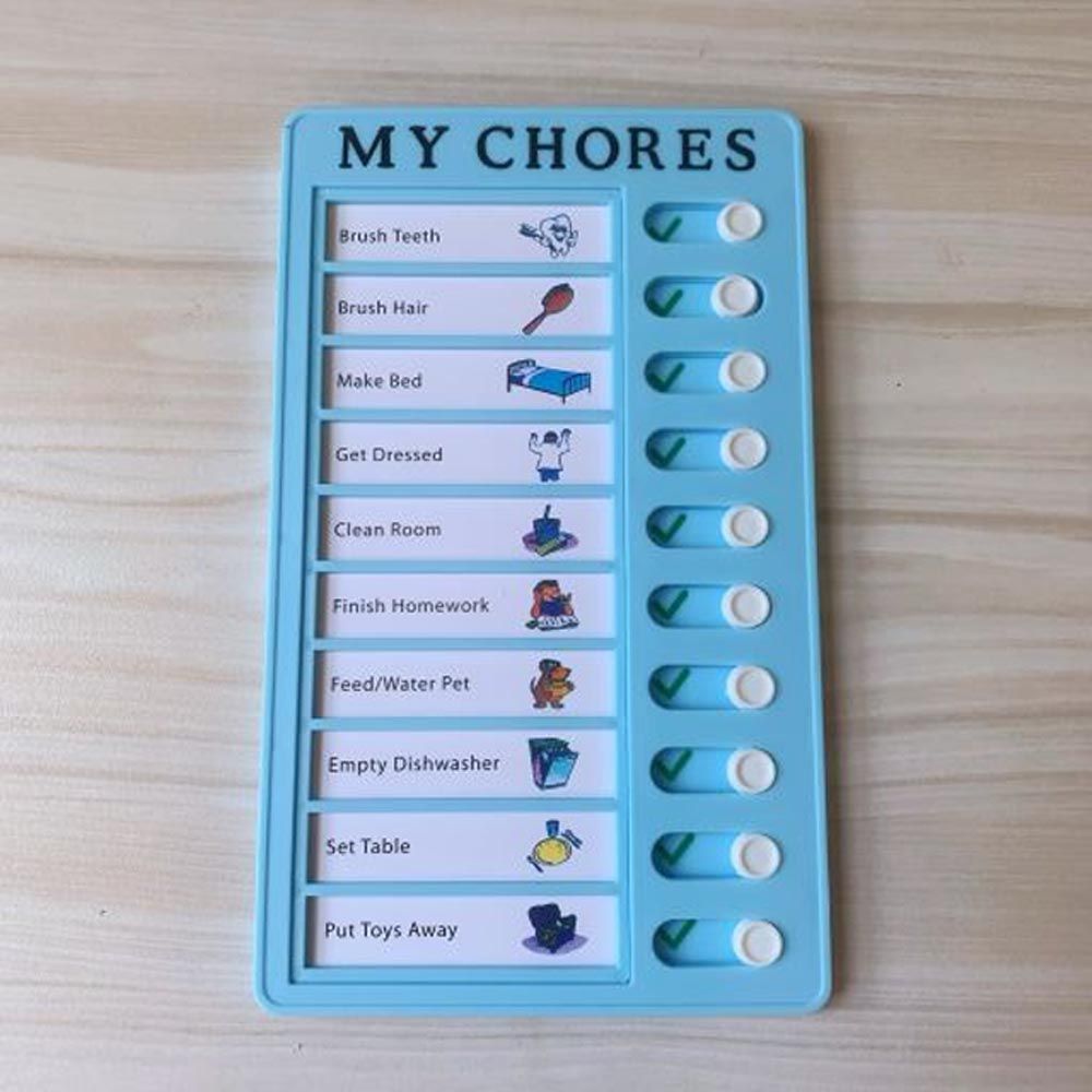可替換式自律學習打卡板-MY CHORES-藍色 (20x12cm)-一張英文字卡＋一打卡板