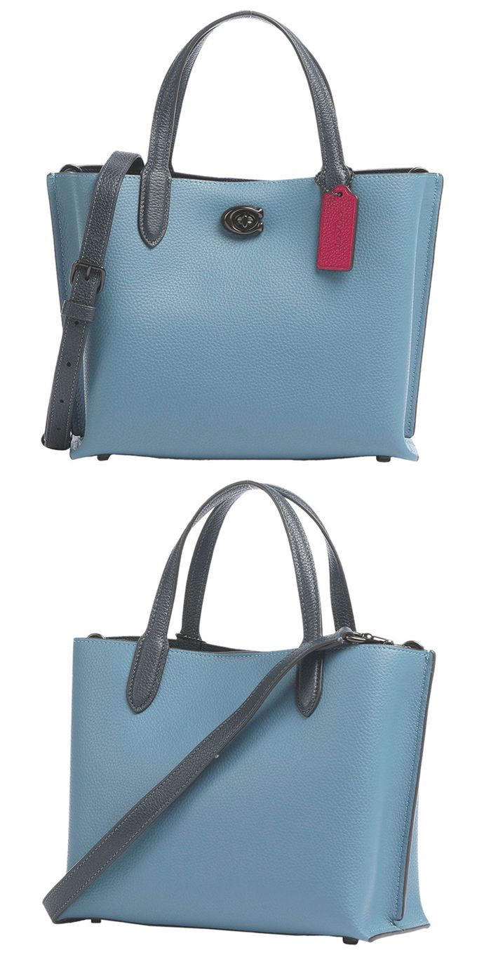 COACH - 璇釦皮革素面托特包 (水藍色)