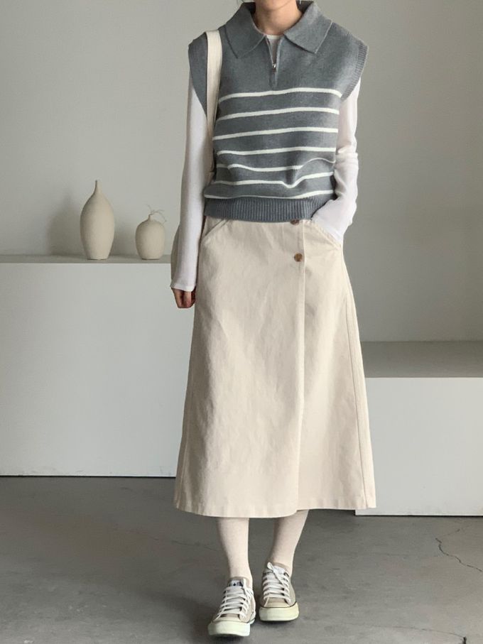 韓國女裝連線 - 拉鍊翻領條紋針織背心-灰 (FREE)