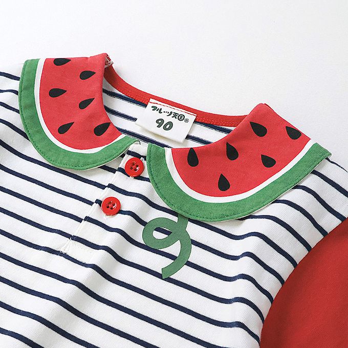 日本 ZOOLAND - 水果造型領天竺棉短袖上衣-西瓜條紋-黑x白