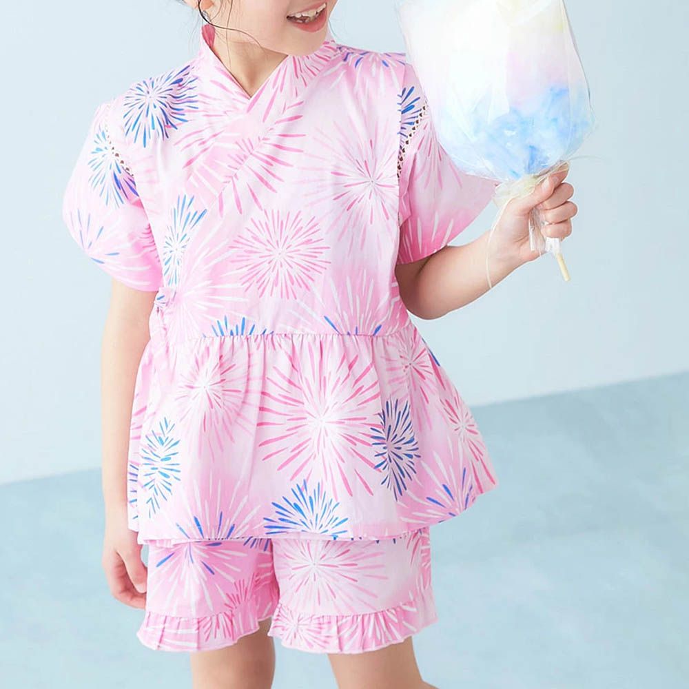 [推薦]夢幻女孩荷葉邊甚平套裝-煙火-粉紅