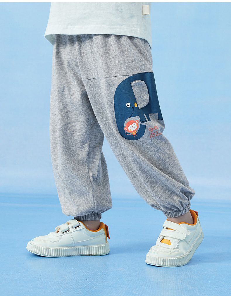 竹節棉束口長褲/防蚊褲-小象與猴子-深藍色