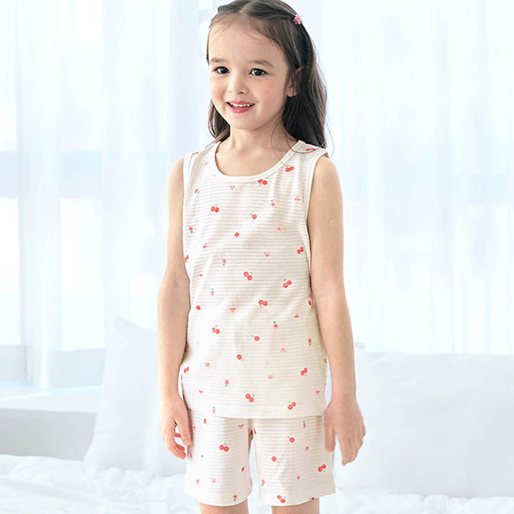 透氣條紋提花棉無袖家居服-小櫻桃