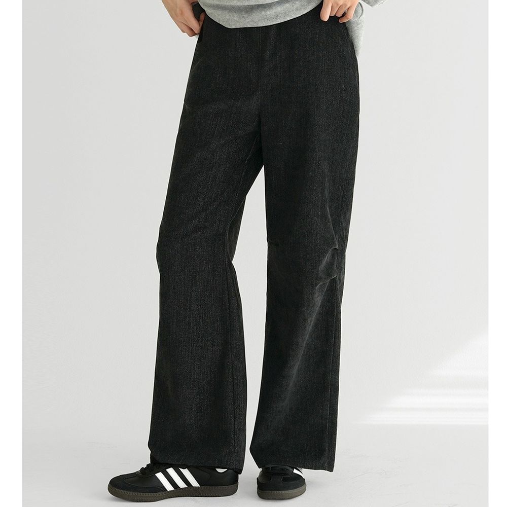 Domingoblue 鬆緊腰絨面磨毛感膝蓋抓褶長褲-黑藍