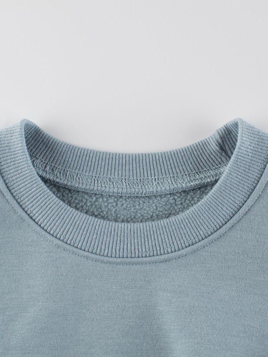 加絨棉質圓領長袖上衣/大學T-滑板犀牛-藍灰色