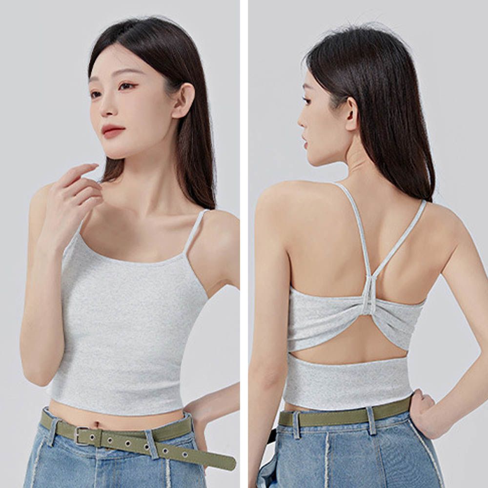 細肩帶簍空美背中短版BRA TOP/附罩杯上衣-花灰