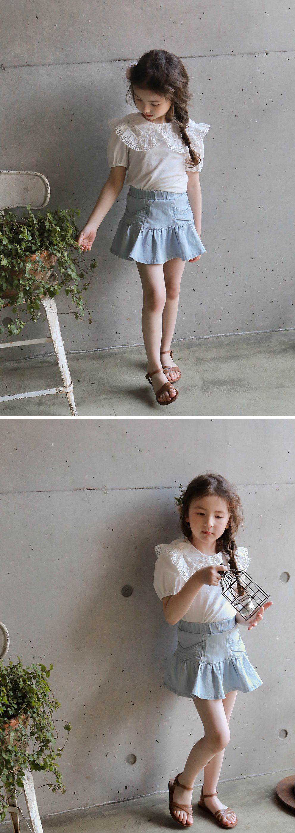 韓國 PuellaFLO - 荷葉裙襬牛仔褲裙-淺藍