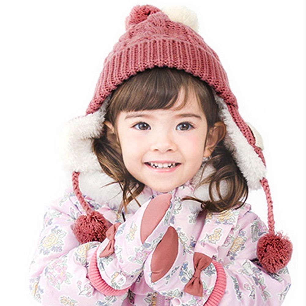 日本 ZOOLAND - 防寒刷毛針織保暖帽-毛球-深粉紅 (頭圍50~54cm)