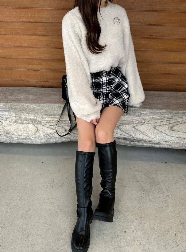 日本 GRL - 浪漫感毛海針織上衣(附珍珠胸針)-藍 (F)