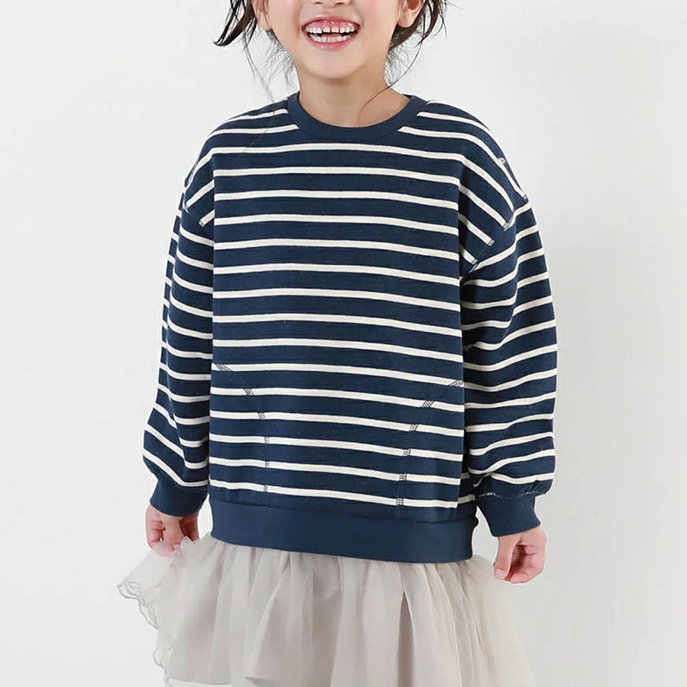 甜美裏毛雪紡拼接長袖洋裝-藍白條紋