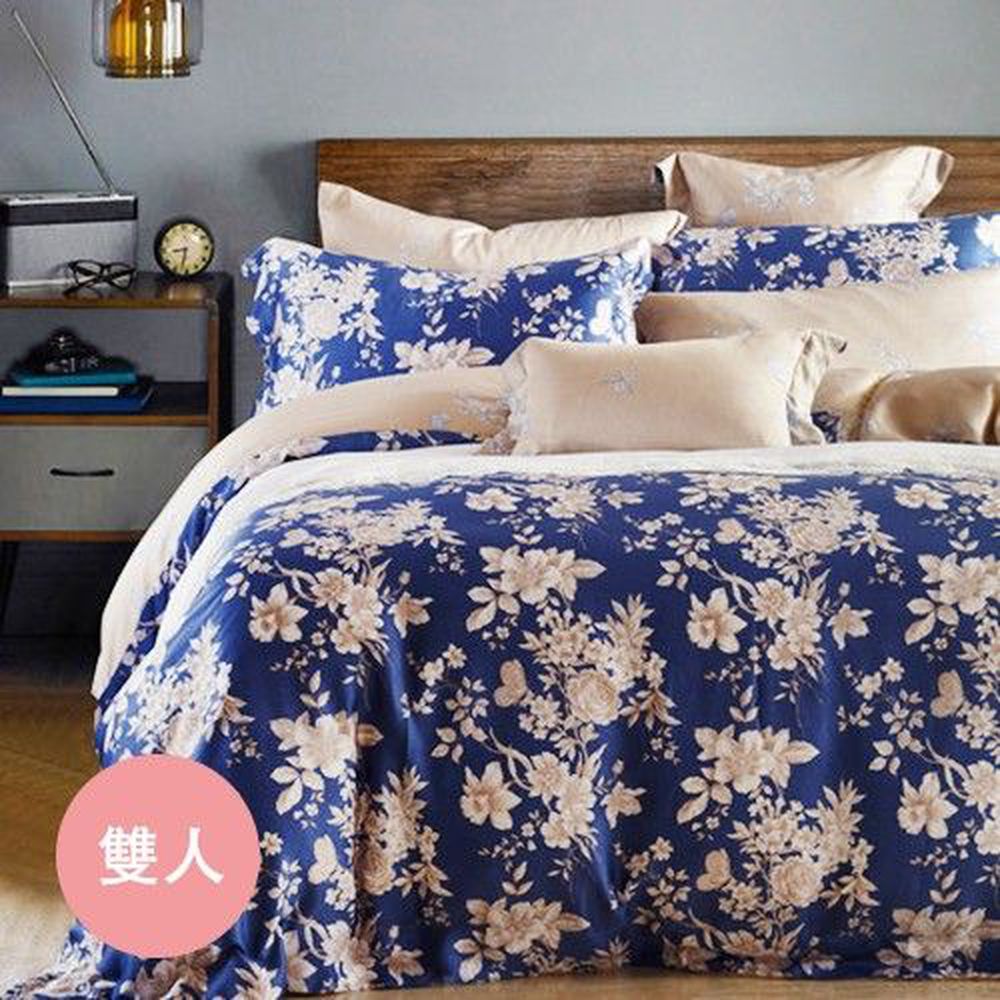 Pure One - 天絲系列．TENCEL寢具組-藍色花漾-雙人四件式床包鋪棉被套組