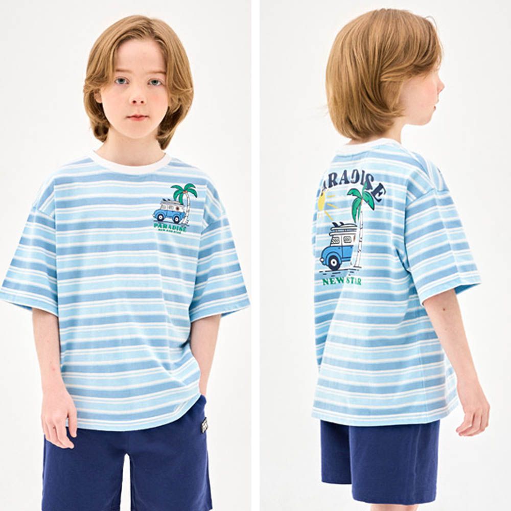 露營車旅行印條紋短袖上衣-天藍