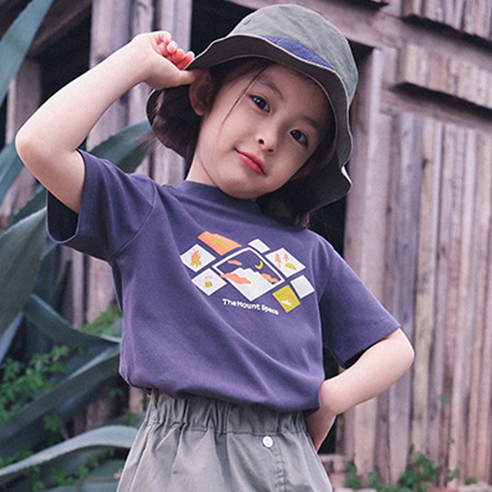 棉質圓領短袖上衣-山野菱格-碳灰