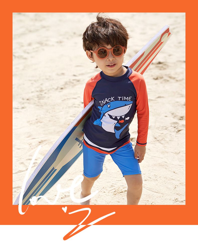 男寶防曬長袖泳裝套裝(附帽子)-鯊魚狩獵-深藍+橘紅