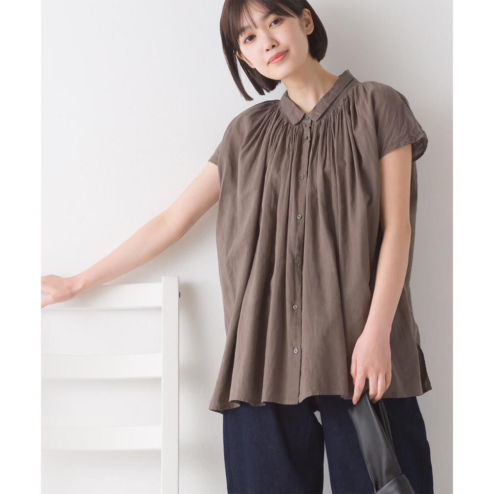 日本 OMNES - 微透膚棉麻涼爽短袖上衣-深灰