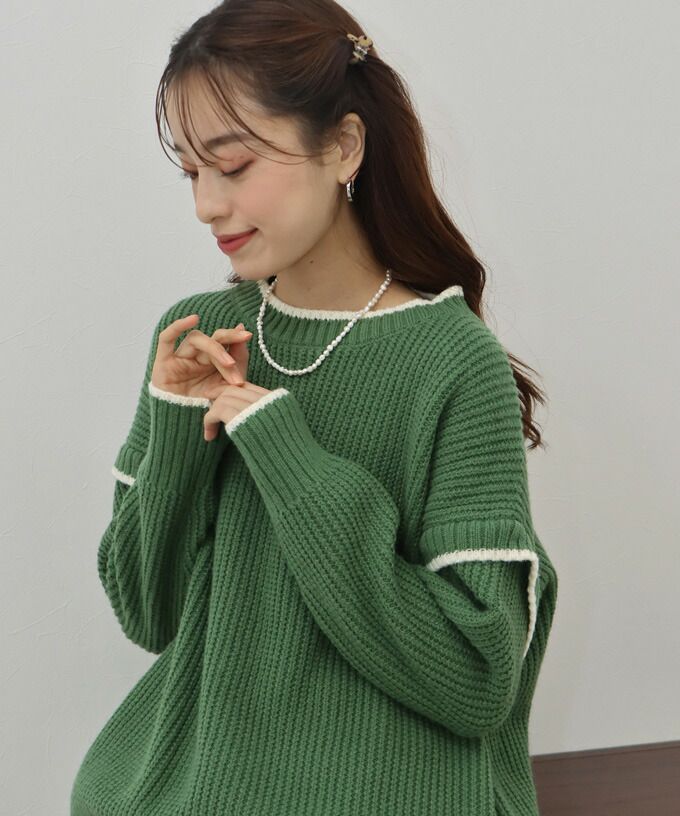 日本 BLUE EAST - 撞色滾邊落肩針織毛衣-米白