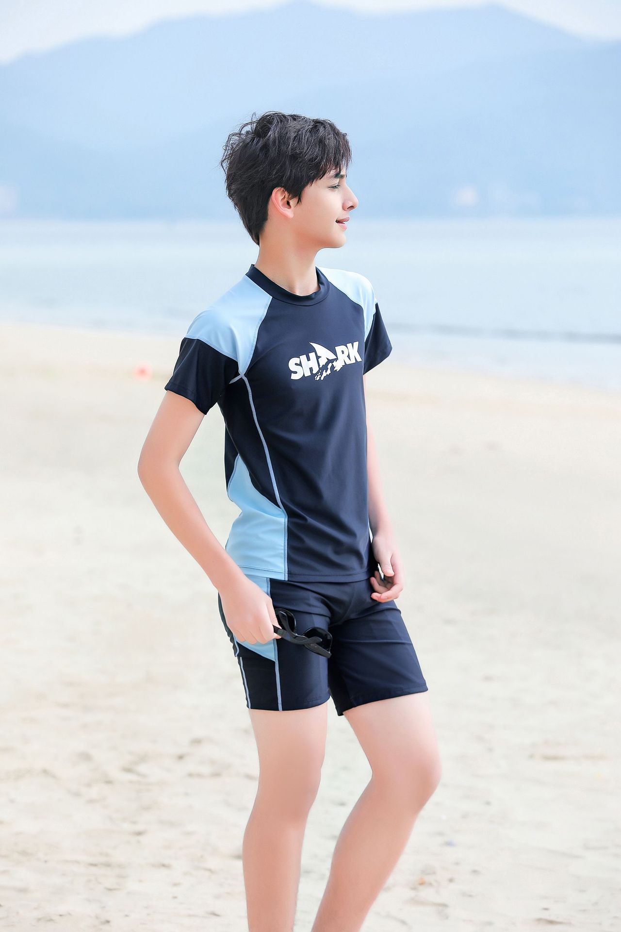 大童男孩短袖泳衣套裝(二件組)-SHARK-黑色-泳衣、泳褲