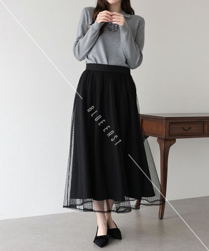 日本 BLUE EAST - 華麗雙層薄紗魅力長裙(可選長度)-格紋-黑